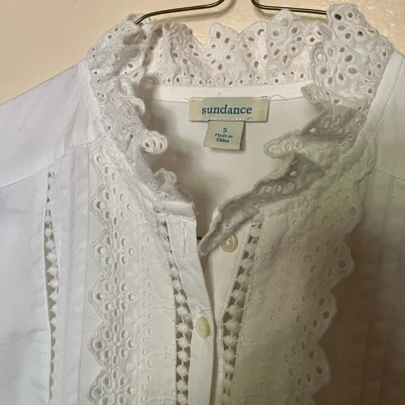 White Ruffled Mandarin Collar Blouse Sundance - Picture 3 of 8